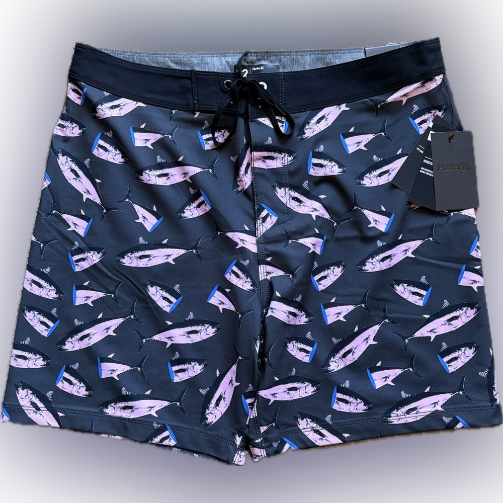 Mens Dark-Grey Pink-Fish-Print Swim Trunks